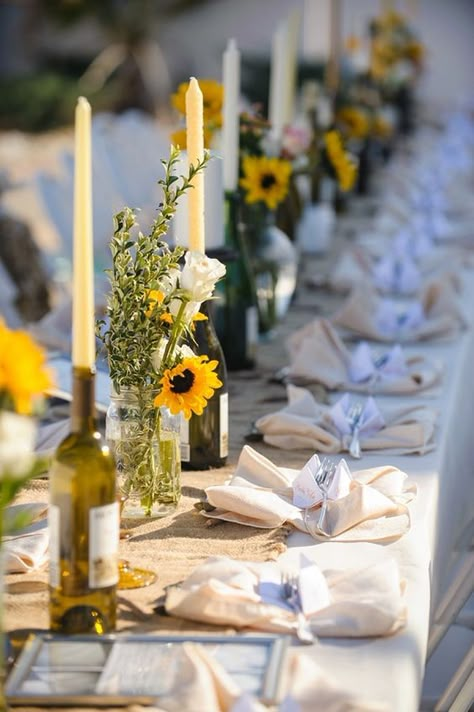 Sunflower Wedding Centerpieces, Sunflower Wedding Decorations, Sandbridge Beach, Casual Beach Wedding, Italian Weddings, Sunflower Party, Sunflower Themed Wedding, 21 Diner, Wine Bottle Candles