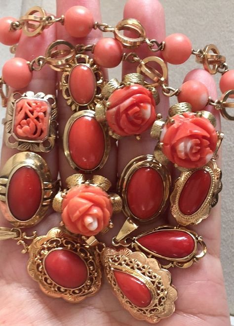 antique vintage coral rings pendant bracelet coral jewelry all in gold Coral Rings, Coral Jewelry Vintage, Nepali Jewelry, Coral Jewellery, Coral Jewelry Set, Black Pinterest, Edwardian Jewelry, Coral Pendant, Coral Bracelet