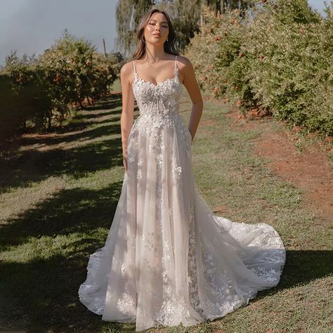 #ad Elegant A Line Wedding Dresses Lace Appliques Strapless Court Train Bridal Gowns Lace Wedding Dress No Sleeves, Wedding Dresses With Green Detail, Lace Beaded Wedding Dress, Brynn Core, V Neck Satin Wedding Dress, Luv Bridal, Tulle Straps, Madi Lane, Enchanting Wedding