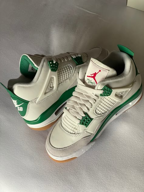 Two Jordan 4s, nike sb collab, green, cream, white, tan, puffy shoes, summer shoes, sneakers, aesthetic sneakers, flight shoes cool, Jordan 4 Nike Jordan 4 Outfit, Puffy Shoes, Shoes Sneakers Aesthetic, Jordan 4 Outfit Women, Retro Jordan 4, Summer Shoes Sneakers, Jordan 4 Shoes, Jordan 4 Outfit, Jordan 4 Off White