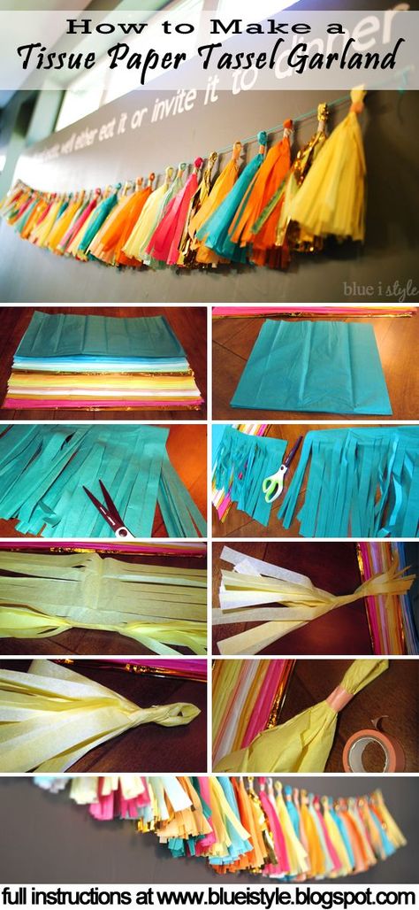 Simple tutorial for making a Tissue Paper Tassel Garland! Makes gorgeous decor for a bridal or baby shower, a birthday party, or as an addition to your seasonal decor! Paper Tassel Garland, Tissue Paper Tassel Garland, Tissue Paper Tassel, Desain Quilling, Party Deco, Tassel Garland, Class Decoration, Diy Party, Classroom Decor