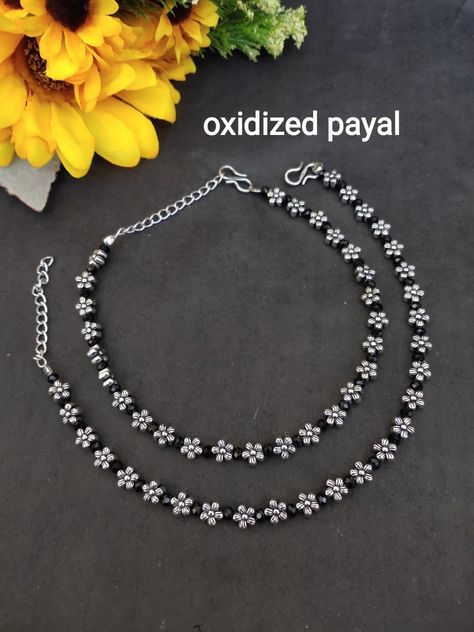 Silver Anklet With Black Beads, Latest Payal Designs Silver, Latest Silver Anklet Designs, Oxidised Payal, Anklets Design, Classic Silver Jewelry, Payal Designs Silver, Black Anklet, Trendy Silver Jewelry