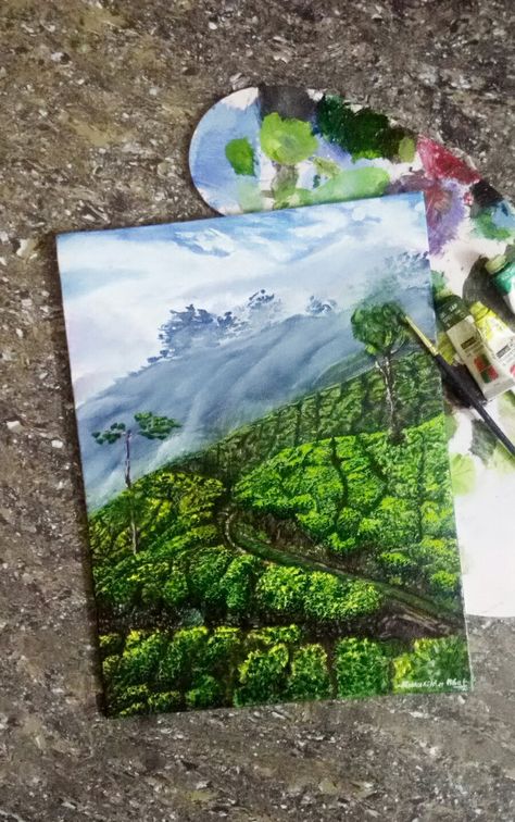 Tea estate # oil painting #art Tea Garden Painting, Pallets Color, Tea Estate, Garden Drawing, Garden Artwork, Art Brush, Watercolor Tutorials, Garden Painting, Indian Paintings