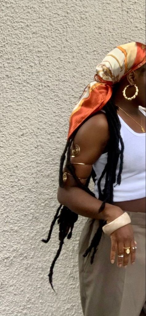 Earthy Outfits Black Women Locs, Summer Headwrap Outfit, Head Scarfs Outfits, Scarf Hairstyles Outfit, Locs With Scarf Black Women, Headscarf And Braids, Summer Head Scarf Boho Style, Black Headscarf Outfit, Boho Jewelry Black Women