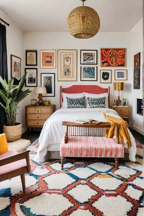 Cottage Eclectic Bedroom, Eclectic Bedroom Colorful, Colorful Primary Bedroom, All White Bedroom With Pops Of Color, Eclectic Minimalist Bedroom, White Bedding Ideas Pop Of Color, Cozy Home Inspiration, Artistic Bedroom Ideas, Colorful Eclectic Bedroom