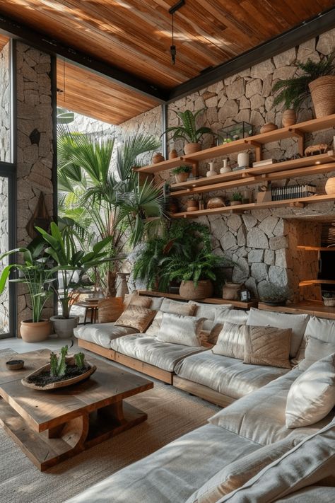 50+ Earthy Living Room Ideas to Bring Nature Indoors Wood Home Interior Design, Earthy Modern Interior Design, Tropical Minimalist Interior, Bali Living Room, A Frame House Interior, Earthy Living Room Ideas, Earthy Homes, Fall Interior Design, Interior Decoration Ideas