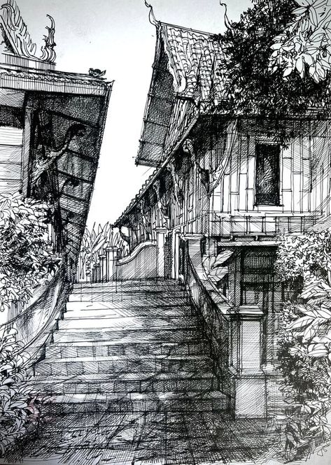 Traditional Pen and Ink Illustrators | Sketch drawing line pen ink + Watercolor on paper collection #Tumdec art | Facebook Ink Scenery Drawing, Ink House Drawing, Watercolor Paintings With Pen, Ink Drawing Architecture, Urban Sketching Pencil, Nature Ink Drawing, Ink And Watercolor Art Landscape, Pen & Ink, Ink Architecture Drawing