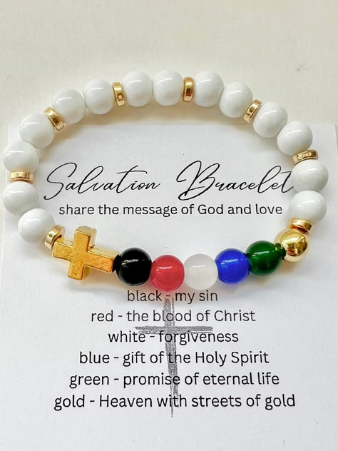 salvation bracelet and message card 7" stretch fiber cord Nurse Bracelet Beads, Blessing Bracelet Diy, Christian Bracelets Diy, Messy Bracelet, Christian Bracelet Ideas, Christian Beaded Bracelets, Bracelet Sayings, Make Bracelets With Beads, Alyssa Renee