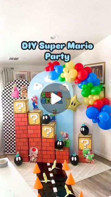 Mario Luigi Party Ideas, Mario Brothers Theme Party, Diy Super Mario Birthday Party, Super Mario Theme Birthday Party, Mario Kart Games Party Ideas, Diy Super Mario Decor, Diy Super Mario Birthday Decorations, Mario Birthday Party Crafts, Mario Diy Birthday Party