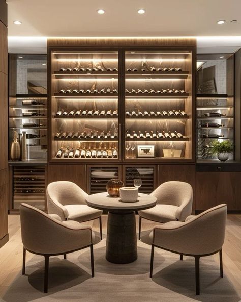 Modern Wine Bar Design, Wine Room With Seating, Wine Cellar With Seating, Wine Tasting Room Ideas Interior Design, Modern Wine Cellar Design, Wine Room Ideas In House, Wine Tasting Room Ideas, Tasting Room Design, Modern Wine Room