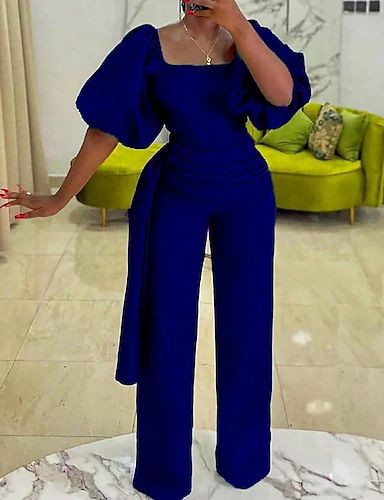 Collar Jumpsuit, Wrap Jumpsuit, Blue Jumpsuits, Plus Size Jumpsuit, Jumpsuit With Sleeves, Looks Chic, Lantern Sleeves, Fashion Colours, Rompers Women