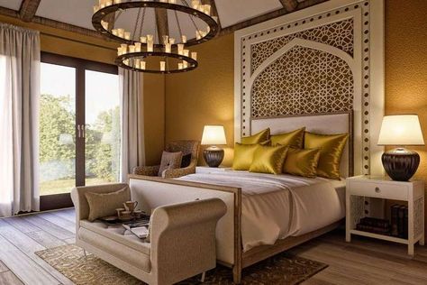 35+ Elegant and Luxury Arabian Bedroom Ideas #bedroom #bedroomdecor #bedroomideas Arabian Bedroom Ideas, Arabian Bedroom, Islamic Interior, Mediterranean Bedroom, Mediterranean Home Interior, Moroccan Bedroom, Mediterranean Interior, Moroccan Interiors, Mediterranean Home Decor