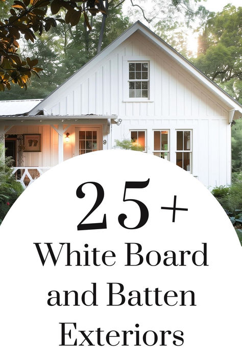 Rustic country home with white board and batten siding and a lush garden. Farmhouse Exterior Board And Batten, Modern Farmhouse White Exterior, Board And Batten White House, White Farmhouse Siding, White Wood Siding Exterior, Country House Fence Ideas, Modern White Siding Exterior, White Cottage House Exterior, Board And Batten Homes