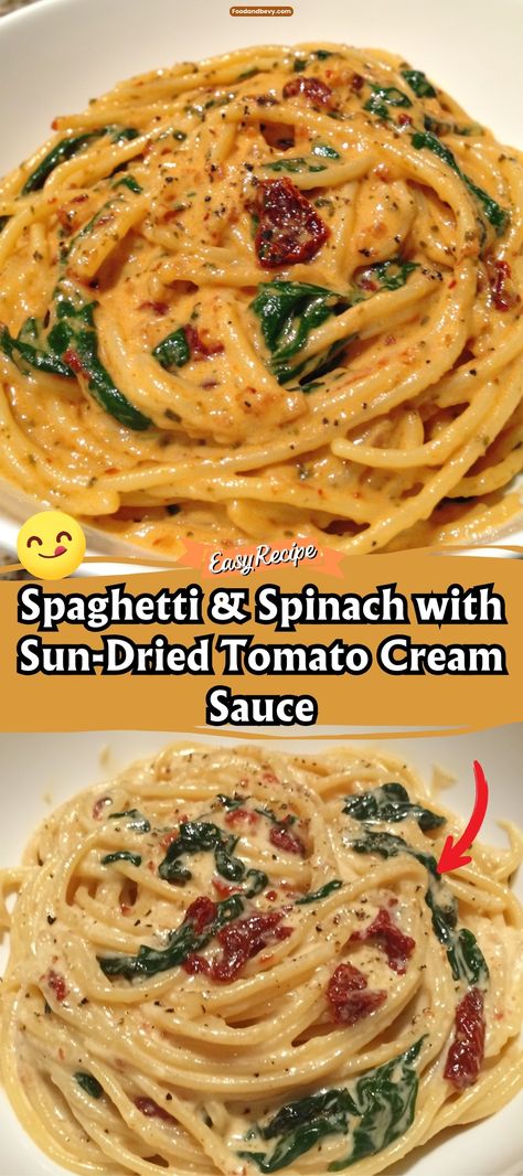 Delight in the rich flavors of Spaghetti & Spinach with Sun-Dried Tomato Cream Sauce. This pasta dish is a vibrant combination of tender spinach, tangy sun-dried tomatoes, and a creamy garlic sauce that clings to every strand of spaghetti. It’s a comforting meal that’s both satisfying and sophisticated. #CreamyPasta #SunDriedTomato #VegetarianDishes Spinach Sundried Tomato Chicken Pasta, Spaghetti And Spinach With Sun Dried Tomato Sauce, Creamy Baked Tomato And Spinach Pasta, Spaghetti With Spinach And Sun Dried Tomato, Goat Cheese Sundried Tomato Pasta, Sundried Tomato Sauce Recipes, Pasta With Garlic Cream Sauce, Tortellini Recipes Sun Dried Tomatoes, Pasta And Spinach Recipes Easy Dinners