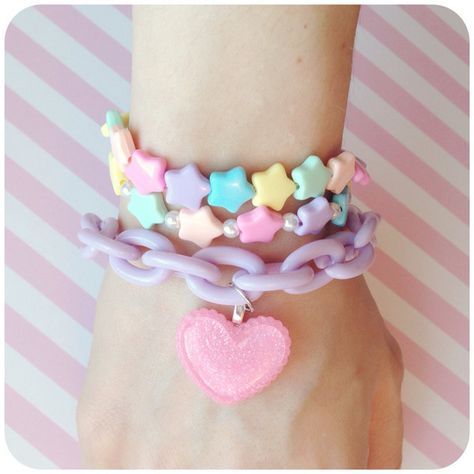 Pastel Kawaii Fairy Kei bracelet (5.38 AUD) ❤ liked on Polyvore featuring jewelry, bracelets, accessories, jewels, kawaii, beads jewellery, beading jewelry, chains jewelry, purple jewelry and chunky jewelry Melanie Martinez Style, Fairy Kei Fashion, Kawaii Fairy, Pop Punk Fashion, Pastel Kawaii, Pastel Goth Fashion, Kawaii Jewelry, Pastel Fashion, Kawaii Accessories