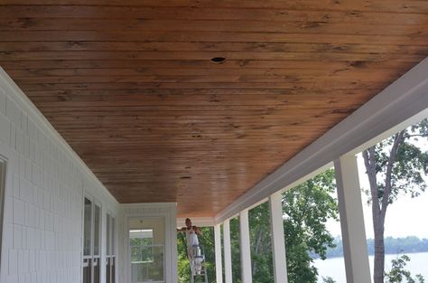 stained beadboard ceiling porch | love this stain. i think it’s called early americana. it’s the ... Stained Beadboard Ceiling, Beadboard Porch Ceiling, Stained Beadboard, Porch Oasis, Walkout Basement Patio, Groove Ceiling, Porch Wood, Tongue And Groove Ceiling, Backyard Adventure