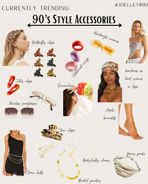 90 Party Theme Outfits, Early 2000s Jewelry Trends, 90s Hair Accessories Aesthetic, 90s Trends Nostalgia, 1996 Fashion Trends, 2000 Accessories Jewelry, 90s Fashion Neon, Trending Hair Accessories 2023, 90s Themed Hairstyles