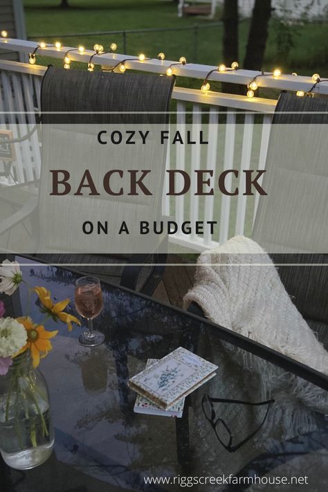 Bistro light, fresh cut flowers and a crisp glass of wine on a back deck Fall Deck Decorating Ideas Cozy, Fall Deck Ideas, Cozy Deck Decorating Ideas, Cozy Back Deck, Cozy Deck Ideas, Deck Ideas Decorating, Deck Setup, Cozy Deck, Fall Deck Decorating Ideas