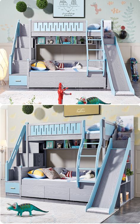 Kids Bunk Bed With Slide, Double Bed Kids Room, Kids Double Bed Ideas, Bunker Beds For Kids, Kids Bed With Slide, Kids Double Bed, Double Deck Bed, Bedroom Tv Unit Design, Bunker Bed