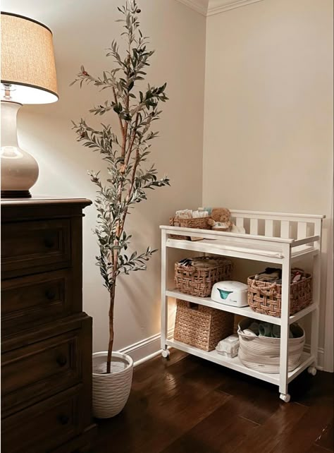 Newborn | changing table | master bedroom | diaper changes | olive tree Changing Table Living Room, Bedroom Changing Station, Changing Table Set Up, Nursery Furniture Changing Tables, Changing Table Station, Changing Table In Parents Bedroom, Changing Table In Master, Living Room Changing Station, Bedroom With Nursery Shared Master