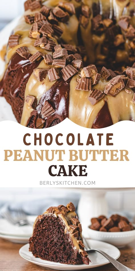 Get the full recipe at berlyskitchen.com. Chocolate Peanut Butter Bundt Cake is a chocolate Bundt cake overloaded with chocolate ganache, homemade peanut sauce, and topped with mini peanut butter cups. Your family will love this easy cake recipe! Butter Sauce For Cake, Chocolate Peanut Butter Pound Cake, Sauce For Cake, Camp Desserts, Chocolate Peanut Butter Bundt Cake, Easy Peanut Butter Cake, Peanut Butter Bundt Cake, Butter Bundt Cake, Bunt Cake Recipe