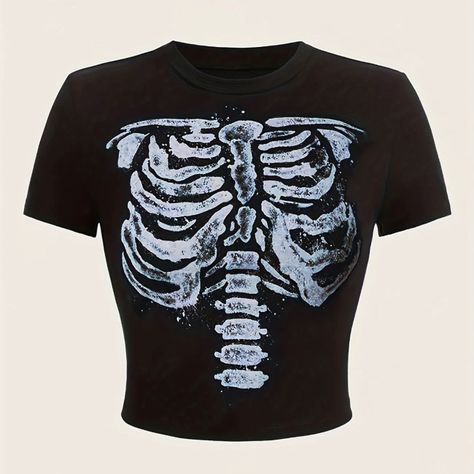 Short Sleeve Slightly Cropped Skeleton/Ribcage Graphic Tee! I Am Typically A M/L In Tops And I Found It To Be A Little Big In The Chest/Shoulders So I Would Say It Is True To Size Xl. Very Stretchy And Soft - 95% Poly 5% Elastane. New/Never Worn! Skeleton Shirt Aesthetic, Sheer T Shirt, Clothing For Flat Chested Women, Ribcage Bleach Shirt, Skeleton Shirt Design, Bleached T Shirt Designs, Unique Graphic Tees, Vampy Clothes, Skeleton Shirt Diy