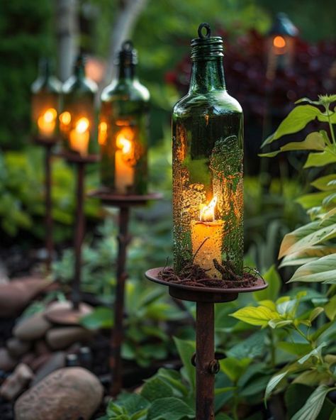 Liquor Bottle Repurpose, Glass Bottles Lights, Wine Bottle Lamps Diy, Wine Bottle Lights Hanging, Glass Bottle Halloween Decor, Reuse Glass Bottles Diy Ideas, Recycling Glass Bottles Ideas, Wine Bottles In The Garden, Wine Bottle Garden Art