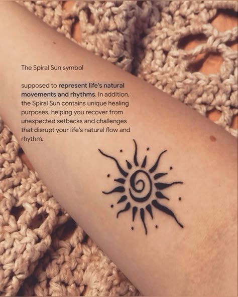 Spiral Sun Tattoo, Spiral Sun, Spiral Tattoos, Earthy Tattoos, Cute Henna Tattoos, Hippie Tattoo, Handpoke Tattoo, Tattoos For Black Skin, Dope Tattoos For Women