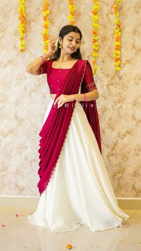 Saree Skirt Designs, Frock Using Saree, Long Gown Designs With Saree, Half Sari Lehenga, Blouse Skirt Outfit Indian, Traditional Dhavani Set, Dhavani For Wedding, Kerala Style Dress For Women, Saree Lehenga Design Ideas