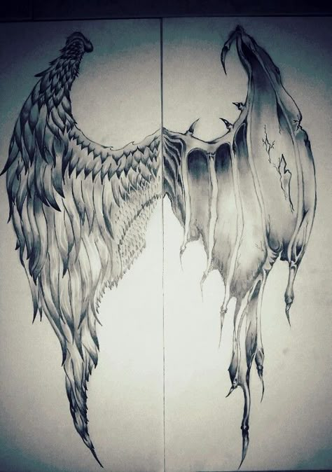 Half Angle Half Demon Tattoo, Cool Wing Tattoos, Half Angel Half Demon Tattoo For Men, Fallen Angel Wings Tattoo On Back, Half Angel Half Demon Tattoo Women, Angel Demon Wings Tattoo, Half Angel Half Demon Drawing, Angel And Demon Tattoo Men, Dark Angel Wings Tattoo