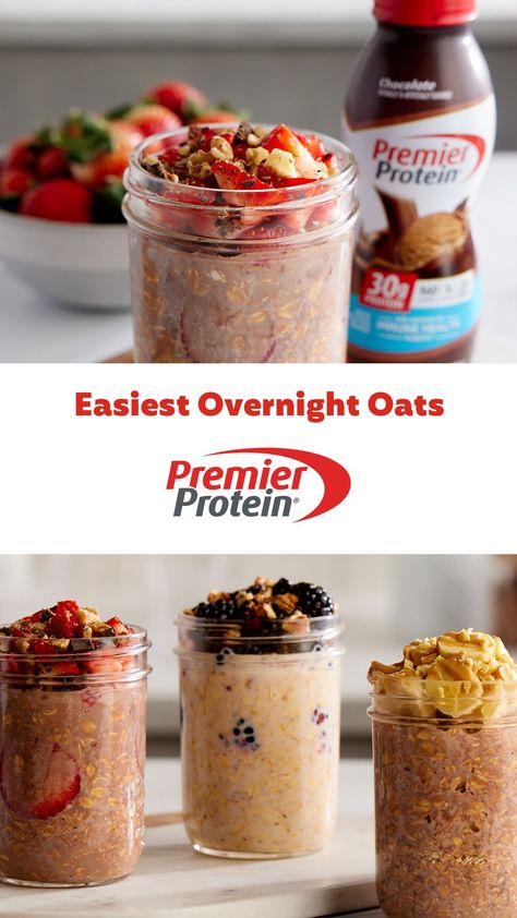 Overnight Oats With Premier Protein, Low Calorie Overnight Oats, Premier Protein Shake, Delicious Overnight Oats, Protein Drink Recipes, Overnight Oats Recipe Easy, Delicious Healthy Breakfast, Best Overnight Oats Recipe, Premier Protein Shakes