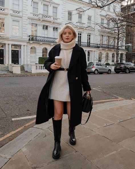 Jumper Dress Outfit Winter, Turtleneck Sweater Dress Outfit, Kappa Outfit, Cream Jumper Dress, Brown Jumper Dress, Grey Jumper Dress, Jumper Dress Outfit, Cable Knit Jumper Dress, Winter Inspo Outfits