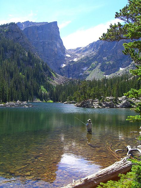 Woman fly fishing at Dream Lake in Rocky Mountain National Park, Colorado. Photo by Britta Campbell Copt Trout Fishing Tips, Fly Fishing Tips, Fishing Pictures, Destination Voyage, Gone Fishing, Fish Camp, Trout Fishing, Rocky Mountain National Park, Best Fishing