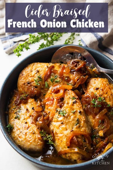 Cider Braised French Onion Chicken Cider Braised Chicken, Braised Chicken Recipes, Sundried Tomato Chicken, Braised Chicken Breast, French Onion Chicken, 2024 Recipes, Onion Chicken, Braised Chicken, Cooked Apples