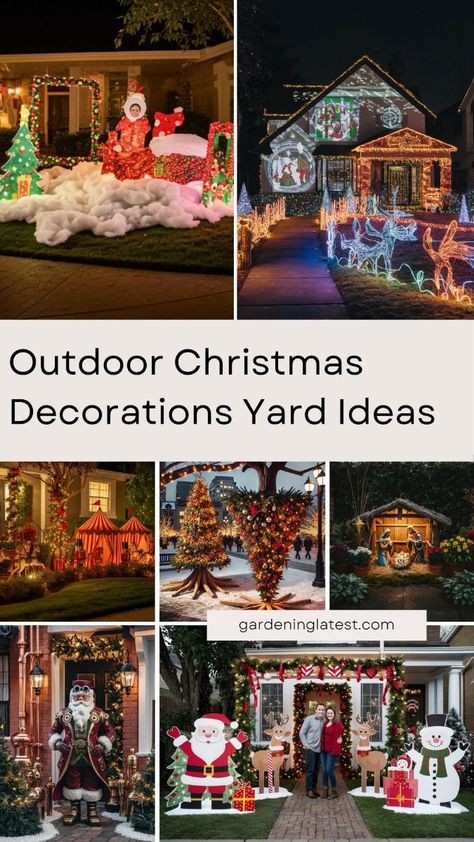 Christmas Garden Decor Ideas, Christmas Yard Themes, Christmas Lawn Ideas, Outdoor Christmas Decorations Theme, Diy Large Outdoor Christmas Decorations, Christmas Yard Decorations Outdoor Ideas, Christmas Inflatables Outdoor Lawn, Christmas Front Yard Decor, Christmas Decor Outside Yard Decorations