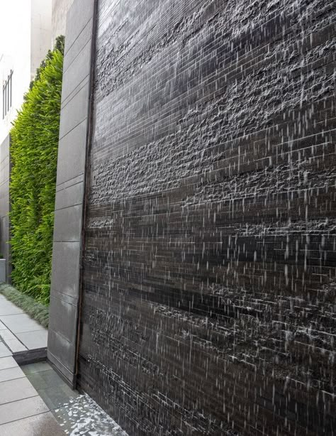 Solitaire Tower — Landworks Studio, Inc. Stone Wall Waterfall, Modern Waterfall Backyard, Entry Fountain, Outdoor Feature Wall, Waterfall Backyard, Rotterdam Hotel, Morocco House, Wall Waterfall, Fachada Exterior