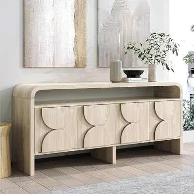 71" Wood Sideboard Buffet Japandi Distressed White Credenza with Shelves&4 Doors Wood Sideboard Buffet, White Credenza, Floating Cabinets, Furniture Flips, White Sideboard, Wooden Sideboard, Side Board, Wood Sideboard, Sideboard Cabinet