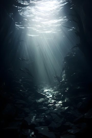 Premium Photo | Underwater Mystery in the Ocean Depths Dark Underwater Aesthetic, Under The Ocean Aesthetic, Underwater Scary, Deep Water Aesthetic, Dark Water Aesthetic, Creepy Ocean, Dark Ocean Aesthetic, Dark Underwater, Water Core