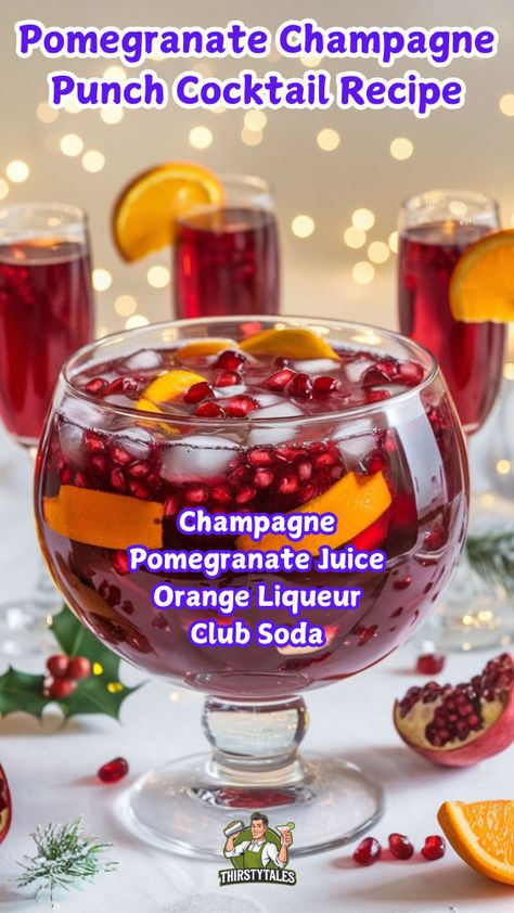 "Celebrate the season with a delightful Pomegranate Champagne Punch! This festive drink combines the rich flavors of pomegranate with bubbly champagne, making it the perfect addition to your holiday cocktails. Easy to make and visually stunning, this sparkling cocktail recipe will impress your guests at any gathering. Discover more party punch ideas and elevate your celebrations with this refreshing and vibrant cocktail!" Nye Punch, Holiday Cocktails Easy, Holiday Party Punch, Pomegranate Cocktail Recipes, Champagne Punch Recipes, Cranberry Champagne Cocktail, Pomegranate Drinks, Cocktails Easy, Pomegranate Cocktails