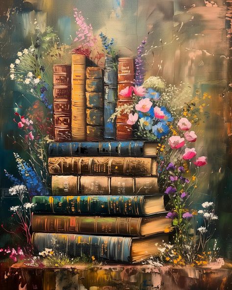 Books And Plants Aesthetic, Paintings Of Books, Reading Artwork, Journaling Ephemera, Bohemian Branding, Book Paintings, Book Painting, Diy Kits For Adults, Acrylic Paint Brushes