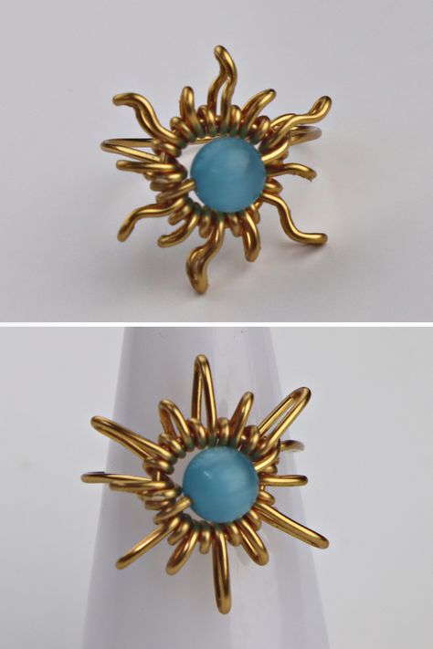 Wire Sun Rings Tutorial, Sun And Moon Wire Ring Tutorial, Gemstone Wire Rings, Sun And Moon Rings Diy, Wire Flower Ring Tutorial, Wire Sun Ring, Cool Wire Rings, Wire Wrapped Jewelry Tutorials Rings, Adjustable Wire Rings Diy