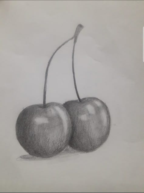 Still Life Drawing Easy Pencil, Pencil Shading Still Life For Beginners, Fruit Shadow Drawing, Cherry Sketch Pencil, Still Life Shading Drawing, Shadow Pencil Drawing, Realistic Pencil Drawings Easy, Cool Still Life Drawings, Fruits Sketches Pencil