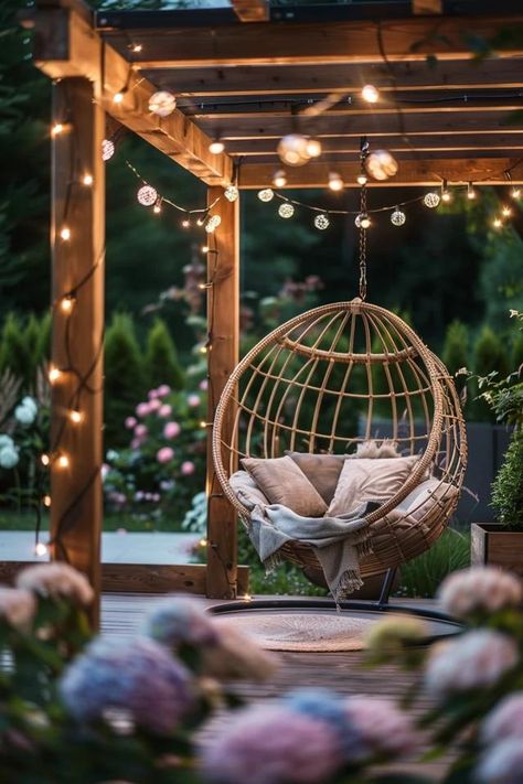 How To Hang A Swing Chair Outdoors: Installation Guide Outdoor Swinging Chair, Pergola With Hanging Chairs, Hanging Bench Outdoor, Hanging Basket Chair, Garden Hanging Chair, Contemporary Porch, Pagoda Roof, Outdoor Hanging Bed, Outdoor Hanging Chair