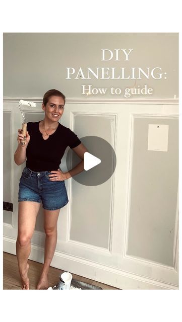 Jamie-rose Rigby on Instagram: "PANELLING GUIDE 🙌🏼 

AD| I am over the moon with my little glow up in here! It’s taken this view from a 7 to a 10! 

As you can tell from the outfit changes, this was done over the course of a week whenever we had a chance, and how I haven’t got small people in all of my footage is a miracle as they were running around the whole time! 😂 

Anyway, below is step by step what I did and what I used. I got everything from @bandq_uk and spent about £150 in total! 

1. Add base strips along the top of the skirting board. I bought a sheet of mdf (9mm thick) and had it cut into longer strips so that I’d have only one join along this section of the panelling- less joins, less to caulk! B&Q cut these for you to your requirements for free! 
2. Next I laid out the 6 p How To Add Wainscotting, Cheshire Panelling, Panelling Same Colour As Walls, Board And Batten Small Bedroom, Accent Wall With A Door, Corner Panelling Design, Installing Paneling On Walls, Dining Room Panelling Ideas, Types Of Accent Walls