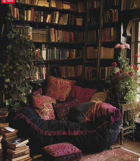 Maximalist Cozy Decor, Witch Core Living Room, Living Room Decor Gothic, Cohesive Maximalism, Book Corner Apartment, Dark Romantic Apartment, Dark Witchy Room Aesthetic, Goth Punk Bedroom, Dark Book Room Aesthetic