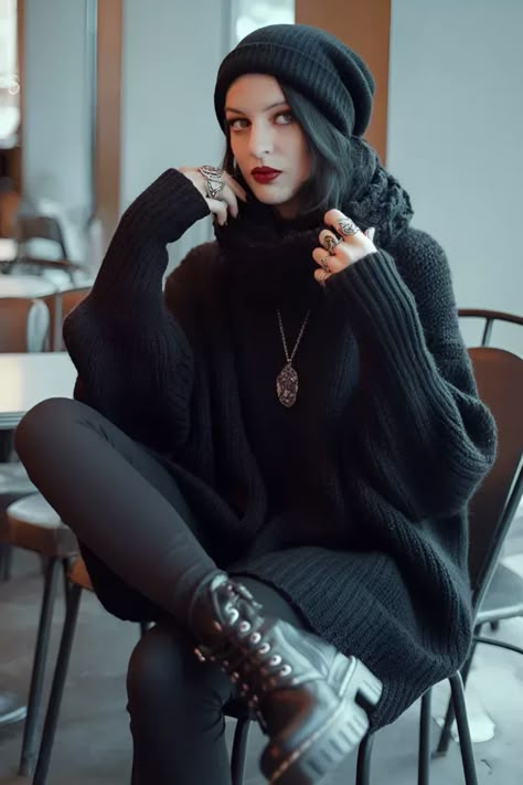 Gorgeous Winter Outfits, Gothic Cardigan Outfit, Enby Goth Outfits, Cosy Clothes Aesthetic, Holiday Goth Outfits, Moody Outfits For Women, Alternative Style Over 40, Classy Witchy Outfits, Goth Christmas Outfit Winter