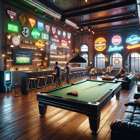 Step into a modern and masculine man cave featuring a neon-edged pool table, wall-mounted TV, high-tech gaming station, and stocked mini-bar. An elegant leather sofa, dartboard, vintage jukebox, and neon signs contribute to the room’s relaxed, nostalgic vibe. #ManCaveIdeas #HomeBars #GameRoom #PoolTable #SportsLounge #GamingStation Snooker Bar Design, Billard Club Design, Vintage Man Cave Ideas, Men Cave Ideas, Masculine Man Cave, Bar Americano, Dream Game Room, American Sports Bar, Bar Pool Table