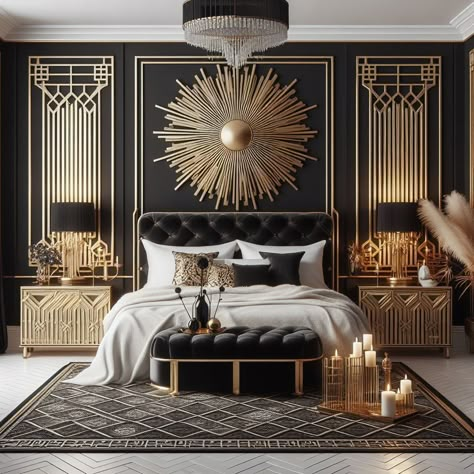 Black Art Deco Bedroom, Great Gatsby Bedroom Ideas, Gatsby Bedroom, Art Deco Hotel Room, Great Gatsby Interior Design, Goth Glam Decor, Deco Powder Room, Gatsby Room, Black And Gold Bedroom Ideas