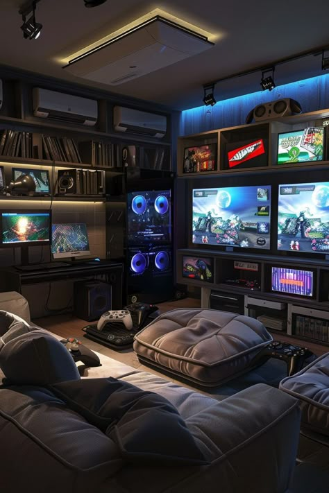 22 Game Room Ideas - Remodr Chill Game Room Ideas, Lounge Game Room Ideas, Teen Game Room Ideas, Game Room In Basement, Aesthetic Game Room, Modern Gaming Room, Small Game Room Ideas, Gamer Living Room, Teen Game Rooms