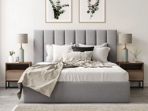 Bed Frame Grey, Lift Storage Bed, Leather Bed Frame, Storage Bed Frame, Bed Design Ideas, Grey Bed Frame, Grey Bed, Fabric Bed Frame, Bed Frame Design